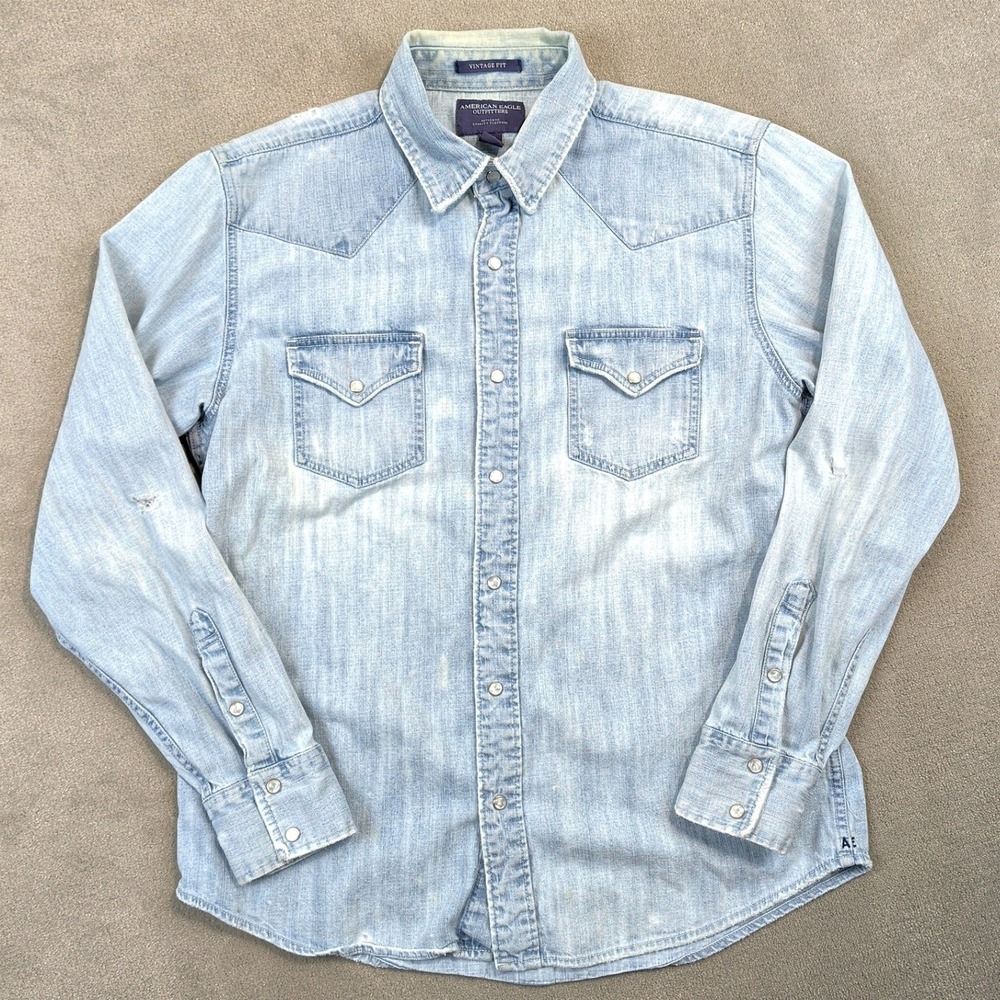 American Eagle Denim Western Shirt Mens Large Light Wash Pearl Snap Distressed